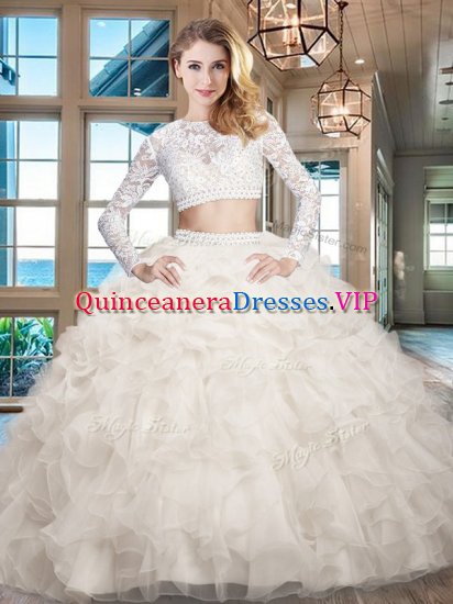 On Sale White Scoop Neckline Beading and Lace and Ruffles Sweet 16 Dress Long Sleeves Zipper - Click Image to Close