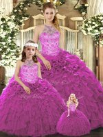 Fuchsia Lace Up Halter Top Beading and Ruffles Quinceanera Gowns Organza Sleeveless