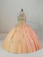 Super Halter Top Sleeveless Quince Ball Gowns Brush Train Appliques and Embroidery Peach Tulle