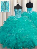 Super Organza Sleeveless Floor Length Quinceanera Dress and Beading and Ruffles