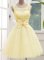 Attractive Sleeveless Knee Length Lace and Bowknot Lace Up Court Dresses for Sweet 16 with Light Yellow