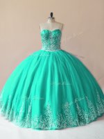 Nice Turquoise Ball Gowns Sweetheart Sleeveless Tulle Floor Length Lace Up Embroidery Quinceanera Dresses