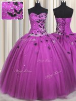 Glorious Sleeveless Tulle Floor Length Lace Up Quinceanera Dresses in Fuchsia with Beading and Appliques