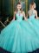 Suitable Halter Top Sleeveless Lace Up Sweet 16 Dresses Aqua Blue Tulle