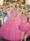 Tulle Halter Top Sleeveless Lace Up Embroidery 15 Quinceanera Dress in Rose Pink