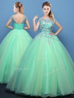 Scoop Cap Sleeves Floor Length Appliques Lace Up 15 Quinceanera Dress with Apple Green