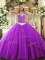 Mini Length Purple Quinceanera Gown Tulle Brush Train Sleeveless Appliques