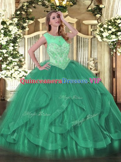 Deluxe Turquoise Tulle Lace Up Sweet 16 Dress Sleeveless Floor Length Beading and Ruffles - Click Image to Close