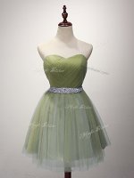 Best Selling Olive Green A-line Beading and Ruching Court Dresses for Sweet 16 Lace Up Tulle Sleeveless Mini Length