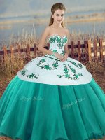 Customized Sweetheart Sleeveless 15 Quinceanera Dress Floor Length Embroidery and Bowknot Turquoise Tulle
