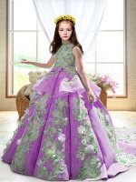 Modern Ball Gowns Sleeveless Lilac Little Girls Pageant Dress Wholesale Court Train Backless