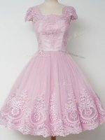 Lilac Zipper Square Lace Vestidos de Damas Tulle Cap Sleeves