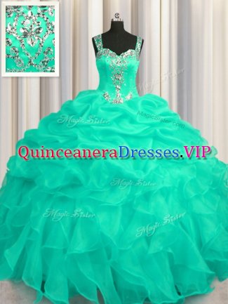 Exceptional See Through Zipper Up Turquoise Ball Gowns Appliques and Ruffles Quince Ball Gowns Zipper Organza Sleeveless Floor Length