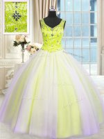 Multi-color Ball Gowns Tulle V-neck Sleeveless Beading and Sequins Floor Length Lace Up Quinceanera Gowns