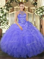 Floor Length Blue 15th Birthday Dress Organza Sleeveless Beading and Ruffles