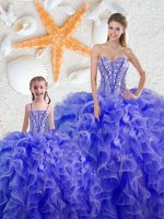 Blue Sweetheart Neckline Beading and Ruffles Quinceanera Gown Sleeveless Lace Up