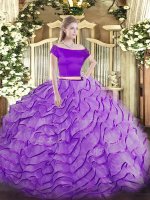 Customized Lavender Two Pieces Off The Shoulder Short Sleeves Tulle Brush Train Zipper Appliques and Ruffles Quinceanera Gown