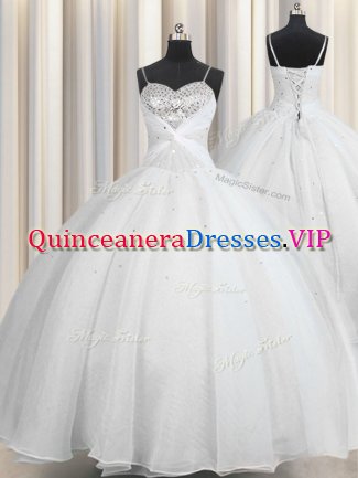 New Style Spaghetti Straps Sleeveless Lace Up Quinceanera Dresses White Organza