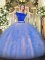 Most Popular Blue And White Zipper Off The Shoulder Appliques and Ruffles Sweet 16 Dress Tulle Short Sleeves