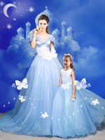 Exceptional Light Blue Off The Shoulder Neckline Beading and Bowknot and Hand Made Flower Sweet 16 Dresses Sleeveless Zipper