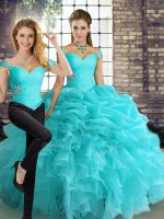 Floor Length Lace Up Vestidos de Quinceanera Aqua Blue for Military Ball and Sweet 16 and Quinceanera with Beading and Ruffles and Pick Ups