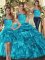 Stylish Teal Three Pieces Halter Top Sleeveless Organza Floor Length Lace Up Ruffles and Pick Ups Quinceanera Gowns