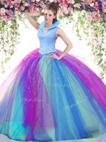 Deluxe Ball Gowns Sweet 16 Quinceanera Dress Multi-color High-neck Tulle Sleeveless Floor Length Backless