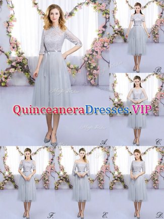 Tea Length Empire Half Sleeves Grey Dama Dress Zipper