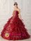 Fashionable Wine Red Satin and Organza With Embroidery Classical Quinceanera Dress Strapless Ball Gown InBullhead City AZ　