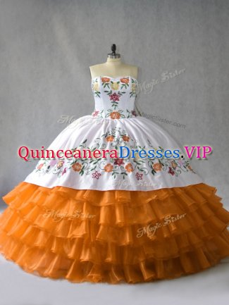 Flare Orange Organza Lace Up Sweetheart Sleeveless Floor Length 15th Birthday Dress Embroidery and Ruffled Layers