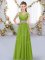 Glittering Floor Length Olive Green Damas Dress V-neck Sleeveless Lace Up