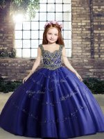 Perfect Royal Blue Ball Gowns Straps Sleeveless Tulle Floor Length Lace Up Beading Evening Gowns