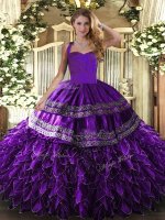 Floor Length Purple Sweet 16 Quinceanera Dress Organza Sleeveless Embroidery and Ruffles