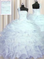 One Shoulder Light Blue Ball Gowns Beading and Ruffles Sweet 16 Dress Zipper Organza Sleeveless Floor Length