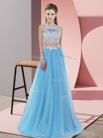 Custom Designed Lace Quinceanera Dama Dress Baby Blue Zipper Sleeveless Floor Length