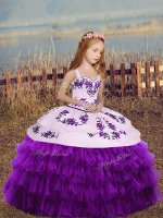 Eggplant Purple Organza Lace Up Straps Sleeveless Floor Length Little Girl Pageant Gowns Embroidery and Ruffled Layers