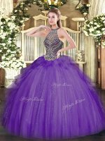 Tulle Sleeveless Floor Length 15 Quinceanera Dress and Beading