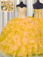 Free and Easy Sweetheart Sleeveless Sweet 16 Dress Floor Length Beading and Ruffles Gold Organza(SKU PSSW0412-9BIZ)