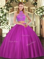 Spectacular Tulle Halter Top Sleeveless Criss Cross Beading Quinceanera Dresses in Fuchsia