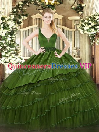Ball Gowns 15th Birthday Dress Dark Green Straps Organza and Taffeta Sleeveless Floor Length Zipper