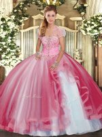 Exquisite Pink Ball Gowns Tulle Strapless Sleeveless Beading and Ruffles Floor Length Lace Up Quince Ball Gowns(SKU SJQDDT1540002-2BIZ)