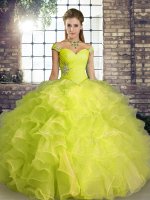Modest Yellow Green Ball Gowns Off The Shoulder Sleeveless Organza Floor Length Lace Up Beading and Ruffles Quince Ball Gowns(SKU YSQD086-10BIZ)