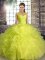 Modest Yellow Green Ball Gowns Off The Shoulder Sleeveless Organza Floor Length Lace Up Beading and Ruffles Quince Ball Gowns