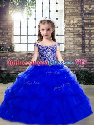 Royal Blue Lace Up Scoop Beading and Pick Ups Child Pageant Dress Organza Sleeveless