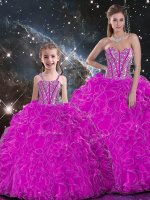 Super Fuchsia Quinceanera Gown Military Ball and Sweet 16 and Quinceanera with Beading and Ruffles Sweetheart Sleeveless Lace Up