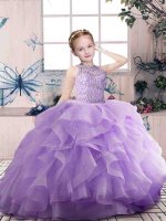 Graceful Lavender Sleeveless Beading and Ruffles Floor Length Little Girl Pageant Dress
