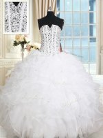 Custom Design White Ball Gowns Beading and Ruffles Quinceanera Gowns Lace Up Organza Sleeveless Floor Length