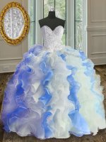 Simple White and Blue Ball Gowns Beading and Ruffles Sweet 16 Dress Lace Up Organza Sleeveless Floor Length