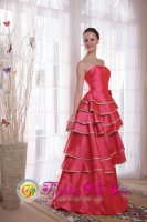 Forde NorwayLayers Coral Red A-line/Princess Strapless Floor-length Satin Ruffles Quinceanera Dama Dress with Hand Flower Decorate