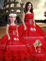 Modest Embroidery and Ruffles Sweet 16 Quinceanera Dress Red Lace Up Sleeveless Floor Length